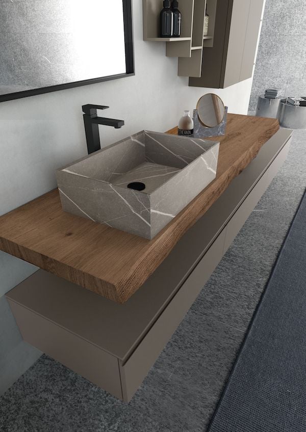 live-edge wood bathroom countertop with vessel basin