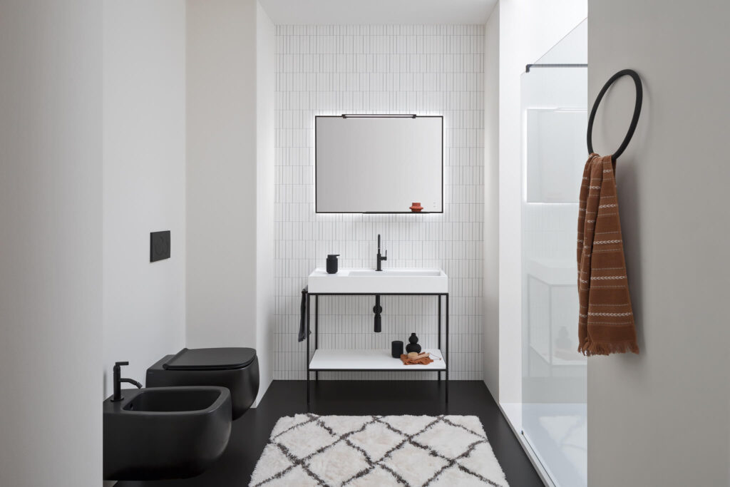 mirror and vanity in a white bathoom